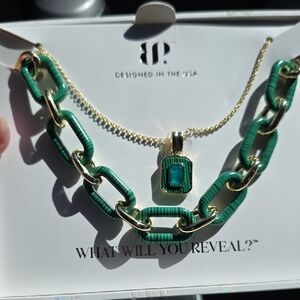LUXE LAYERS Gold and Green Layered Chain Necklace with Emerald-Style Pendant